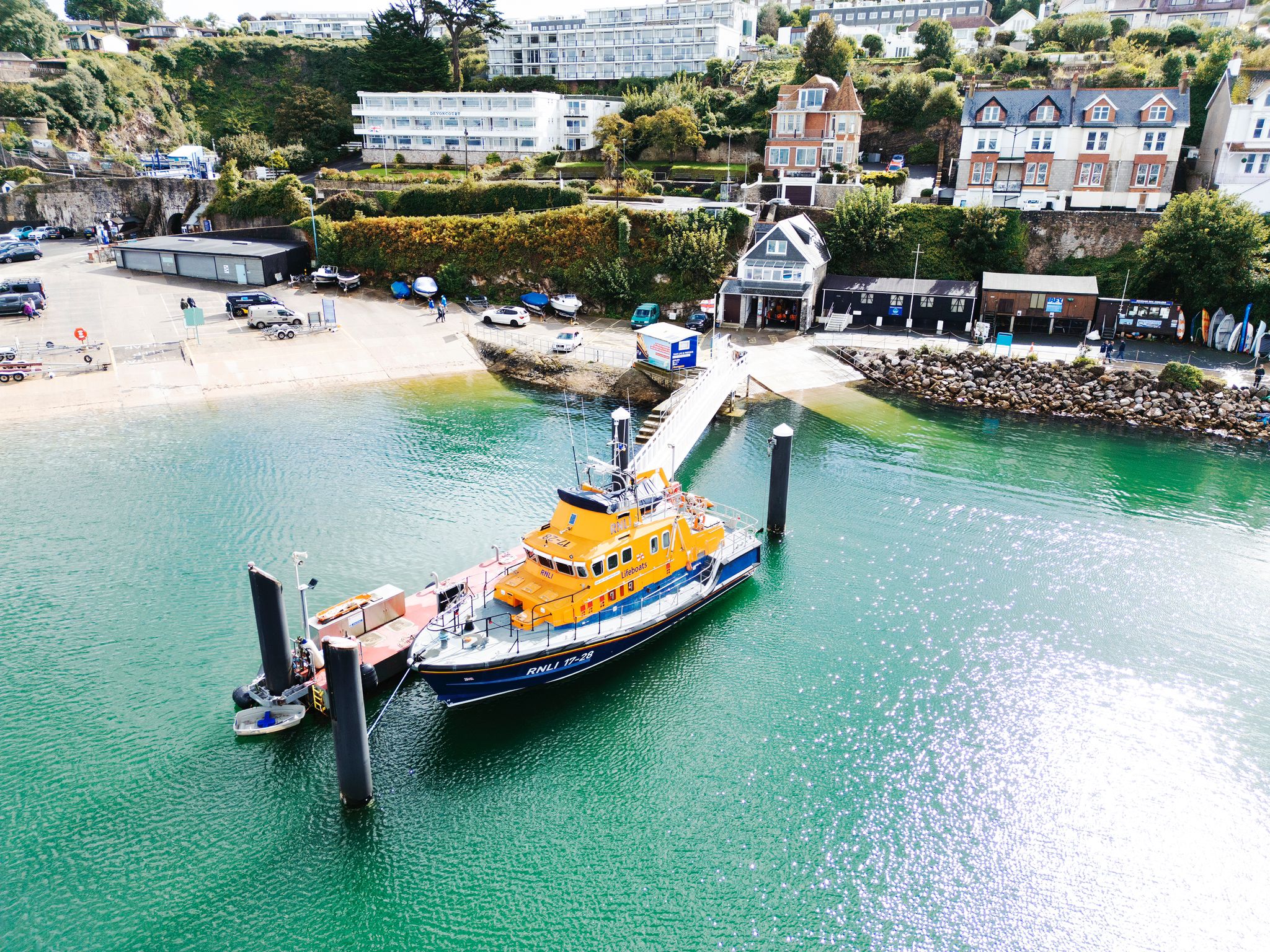 Drone shot of Torbay's ALB moored outside the station