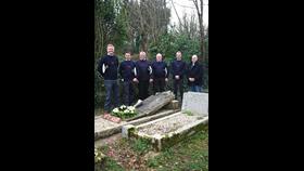 Falmouth Lifeboat crew members at the memorial service: (left to right) Mechanic Andy Edwards, Deputy Second Coxswain Adam West, Coxswain Jonathon Blakeston, Deputy Second Coxswain Dave Nicoll, Jack Williams and Coxswain Samuel Hingston’s great grandson and former lifeboat crew member, Adrian Hingston