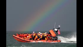 Bangor RNLI Atlantic 85 Jessie Hillyard with a rainbow in the background