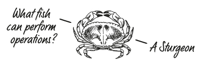 A fishy pun alongside an illustration of a crab