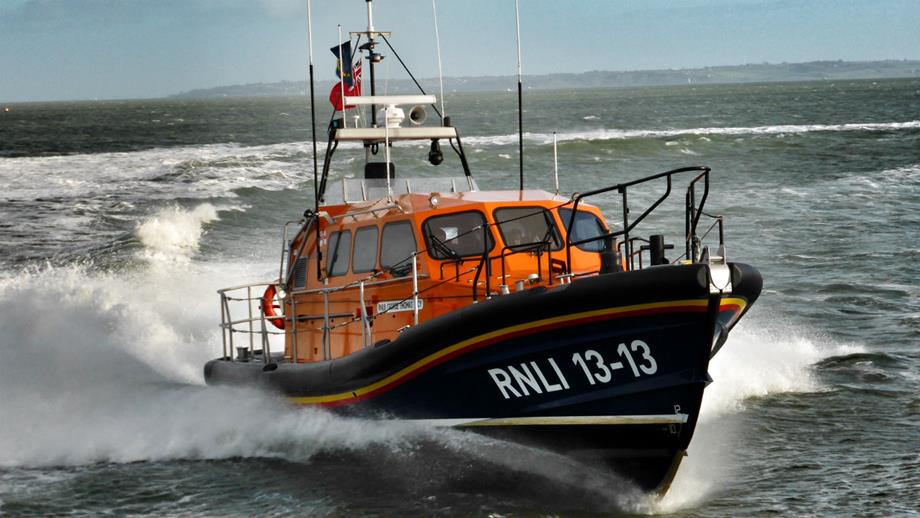 Swanage RNLI’s Shannon class lifeboat, George Thomas Lacy 13-13, at sea.