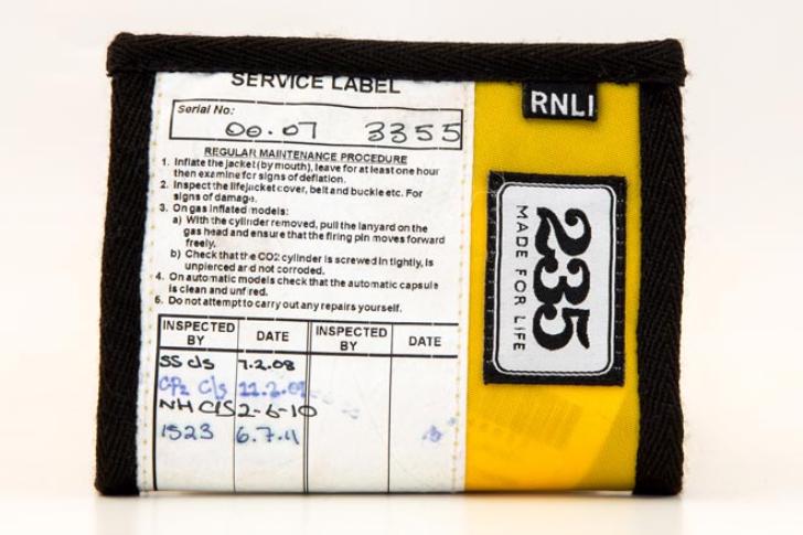 Recycled service history labels are a unique reminder of how each lifejacket was looked after during its lifetime.