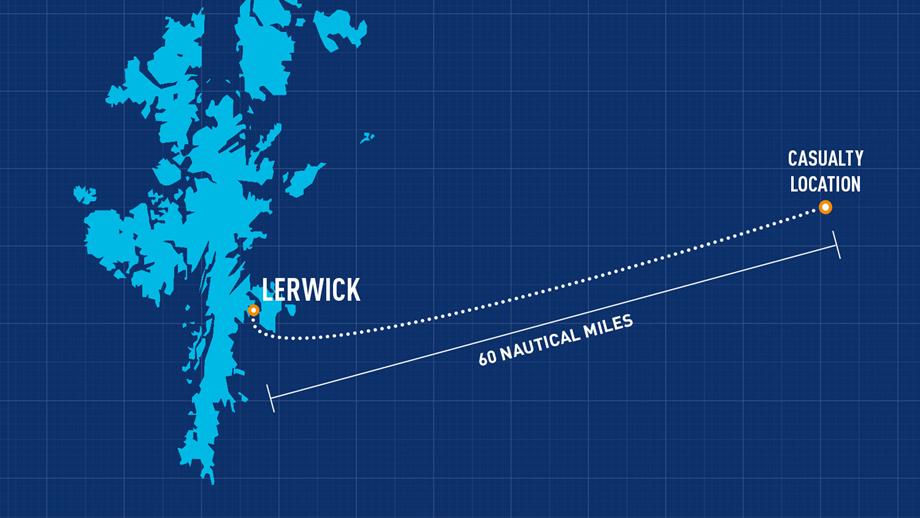 A map showing the distance from Lerwick Lifeboat Station to the casualty’s location
