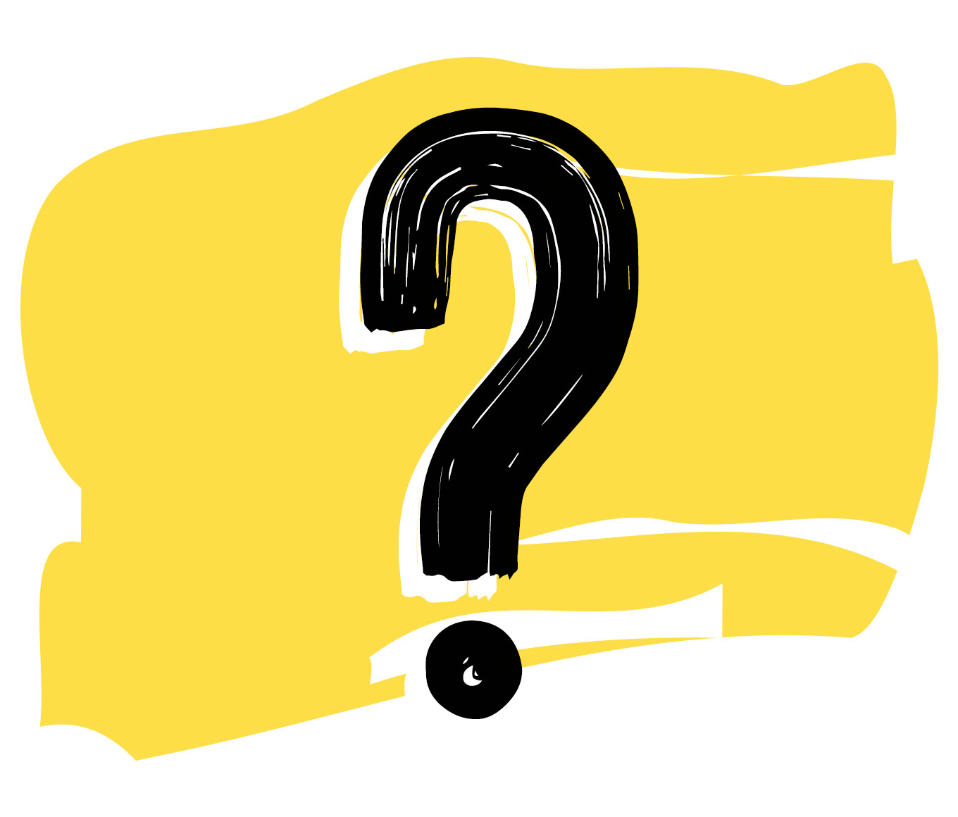 A painted-effect black question mark on a yellow background.