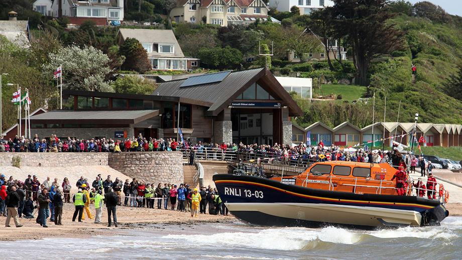 Arrival of the new Exmouth Shannon class lifeboat R and J Welburn 13-03 at station.