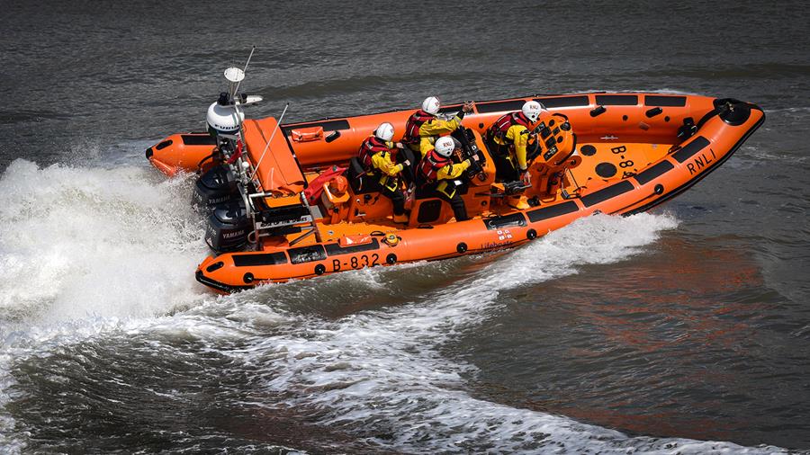 Porthcawl’s Atlantic 85 lifeboat, with four RNLI crew members aboard, during a training exercise