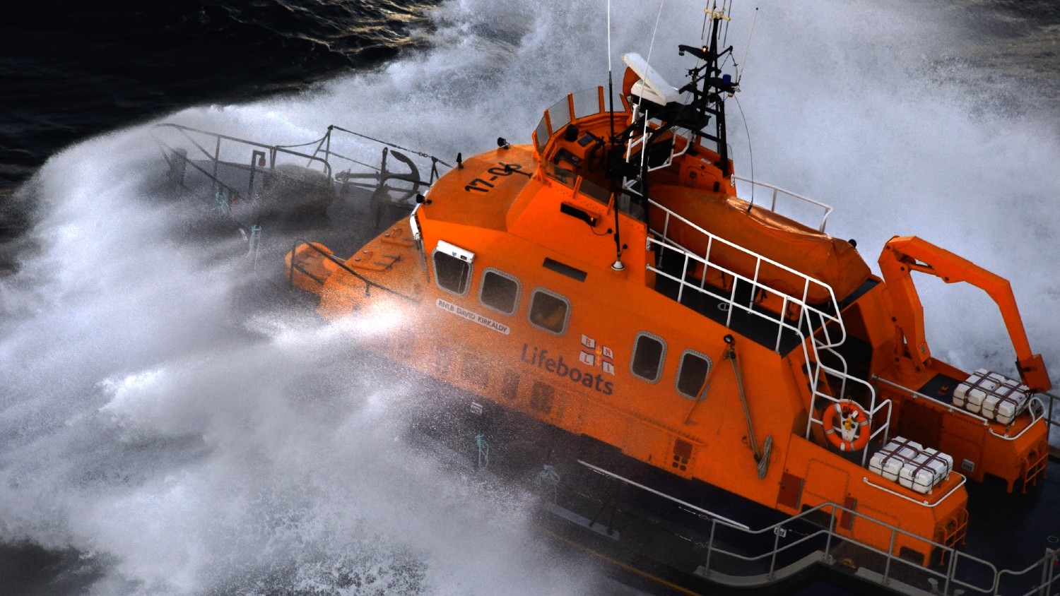 Aran Islands RNLI’s Severn class lifeboat, David Kirkaldy 17-06, powering through rough seas
